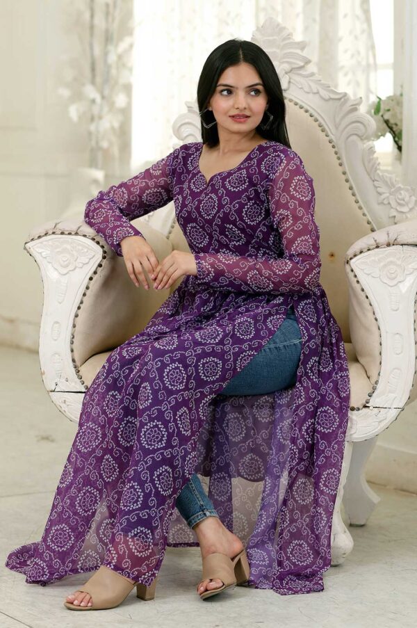 Purple Printed Georgette Kurta with Side Slits and Full Sleeves