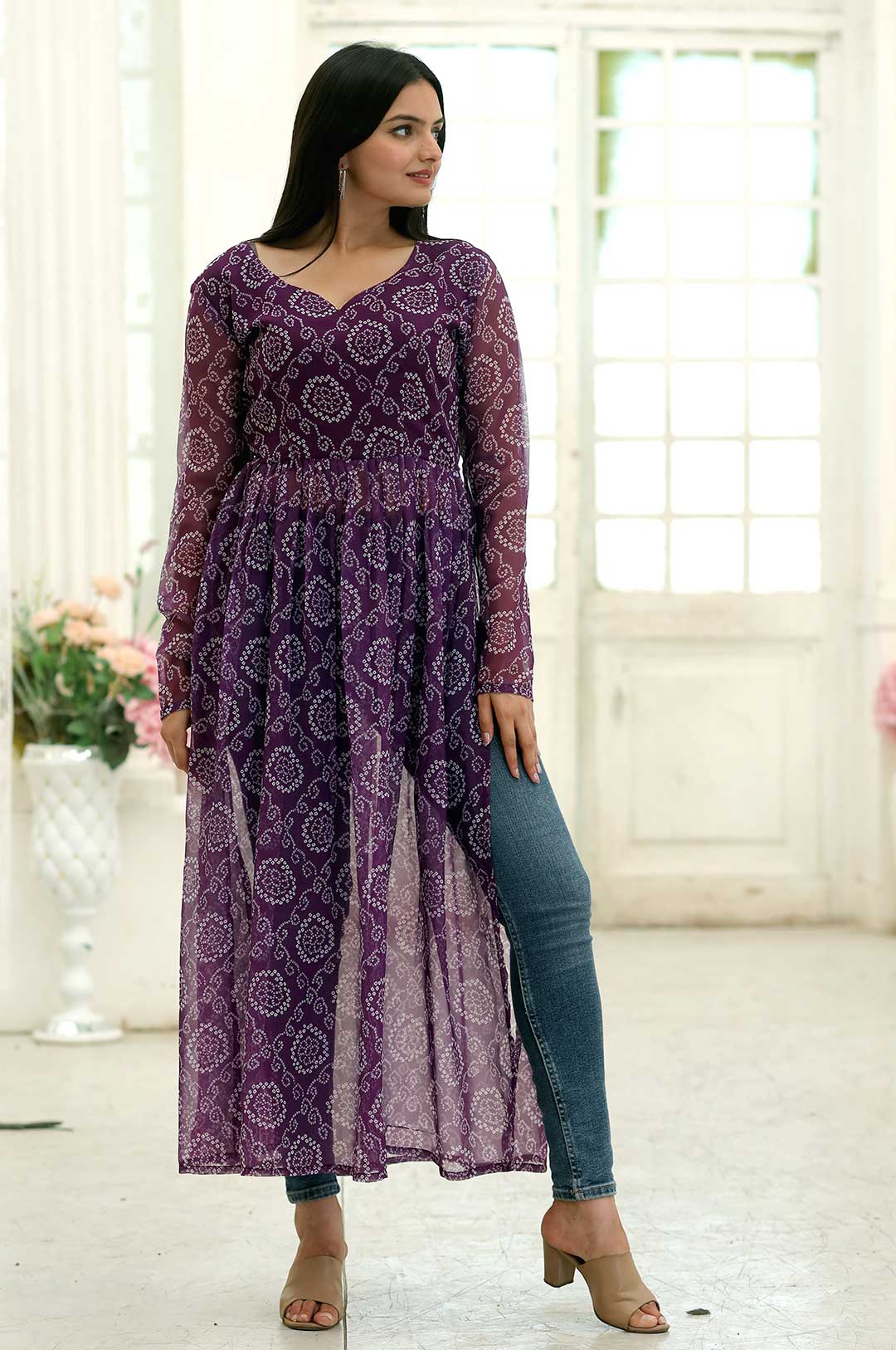 Purple Printed Georgette Kurta with Side Slits and Full Sleeves