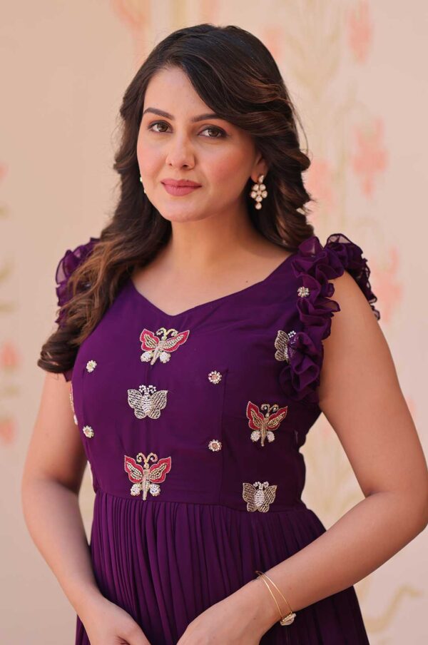 Purple Radiant Faux Blooming Gown with Sequins & Multi-Thread Embroidery