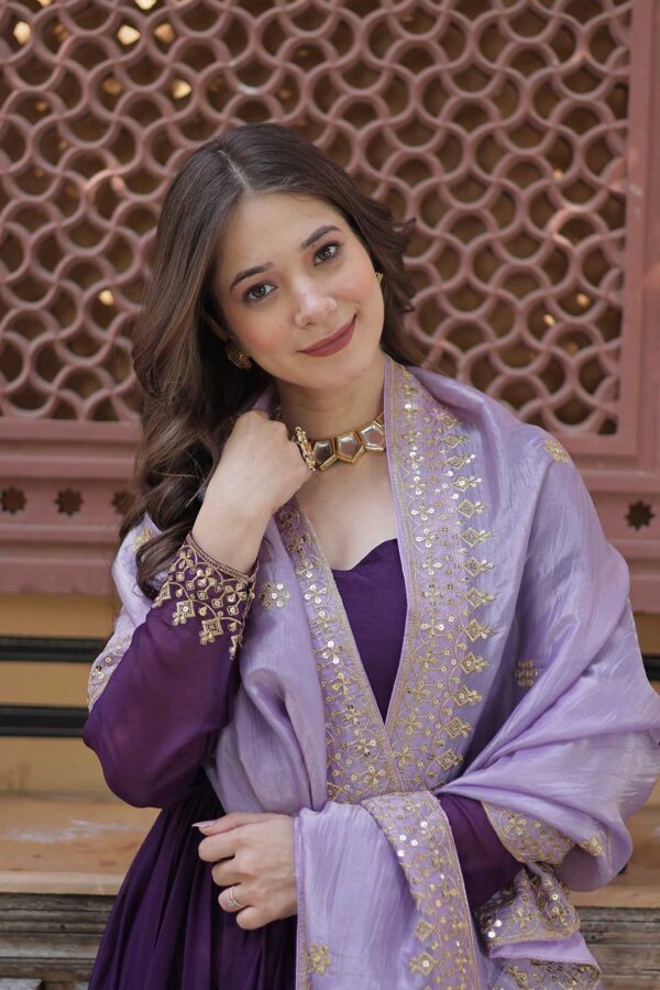 Purple Star Georgette Embroidered Gown with Gold Crush Dupatta