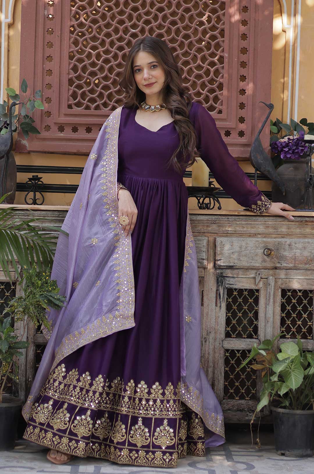 Purple Star Georgette Embroidered Gown with Gold Crush Dupatta