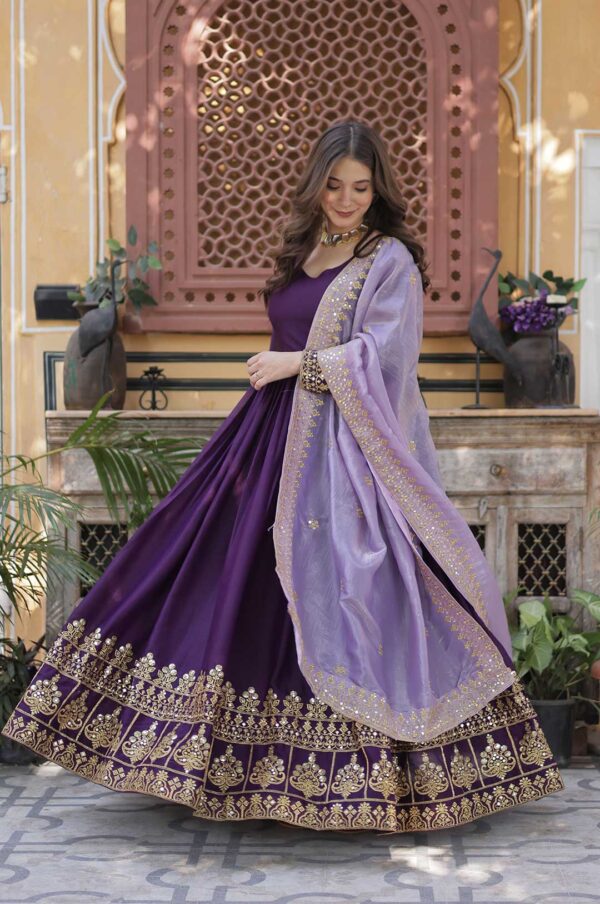 Purple Star Georgette Embroidered Gown with Gold Crush Dupatta
