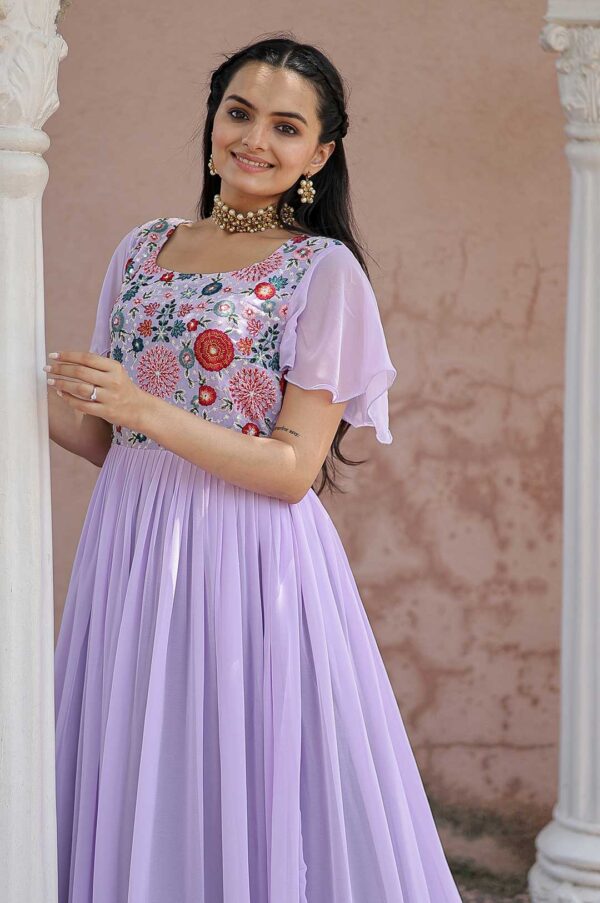 Purple Star Georgette Gown with Heavy Beaded & Sequin Work and Ruffled Hem