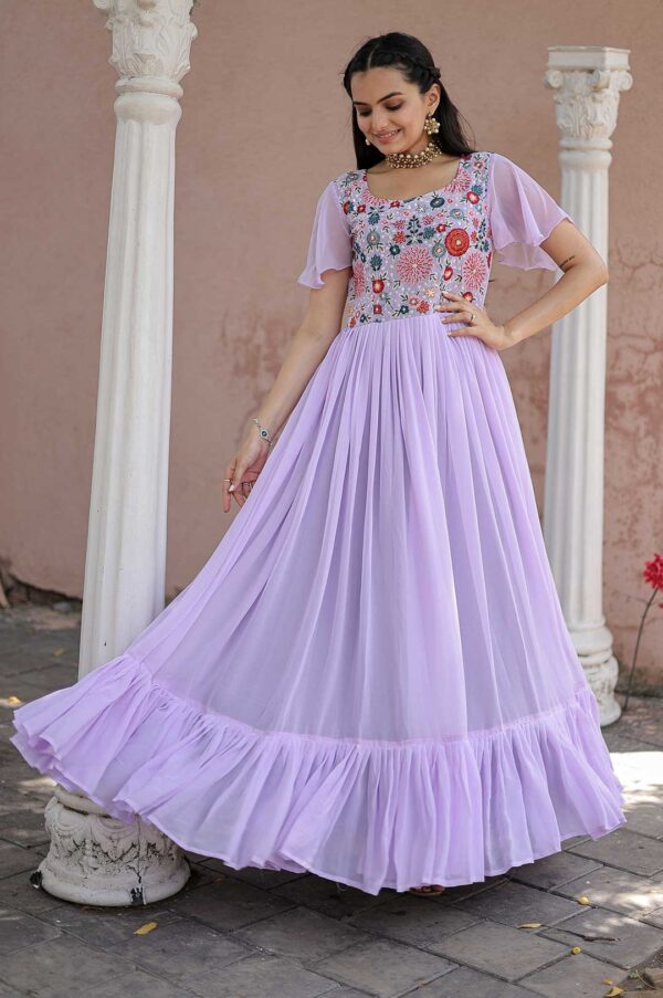 Purple Star Georgette Gown with Heavy Beaded & Sequin Work and Ruffled Hem