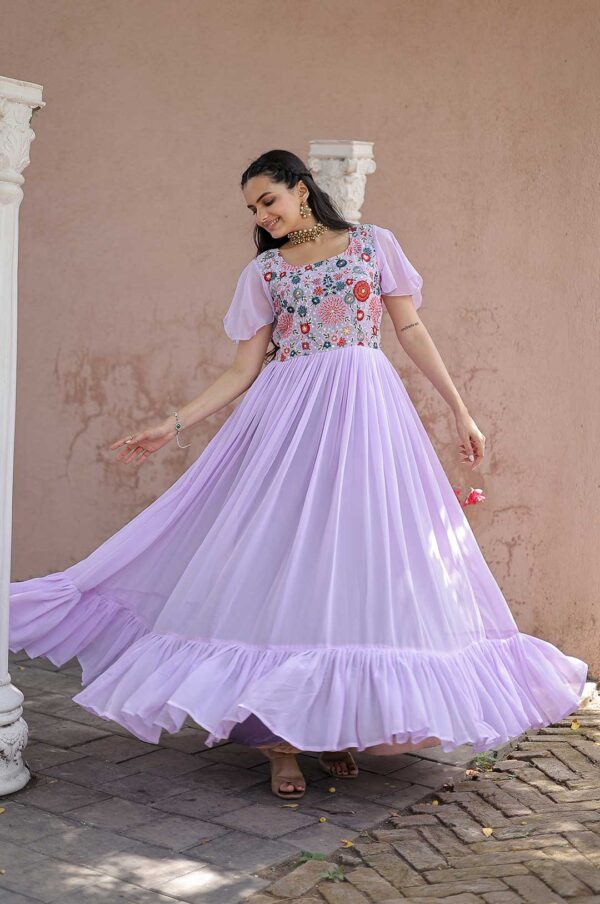 Purple Star Georgette Gown with Heavy Beaded & Sequin Work and Ruffled Hem