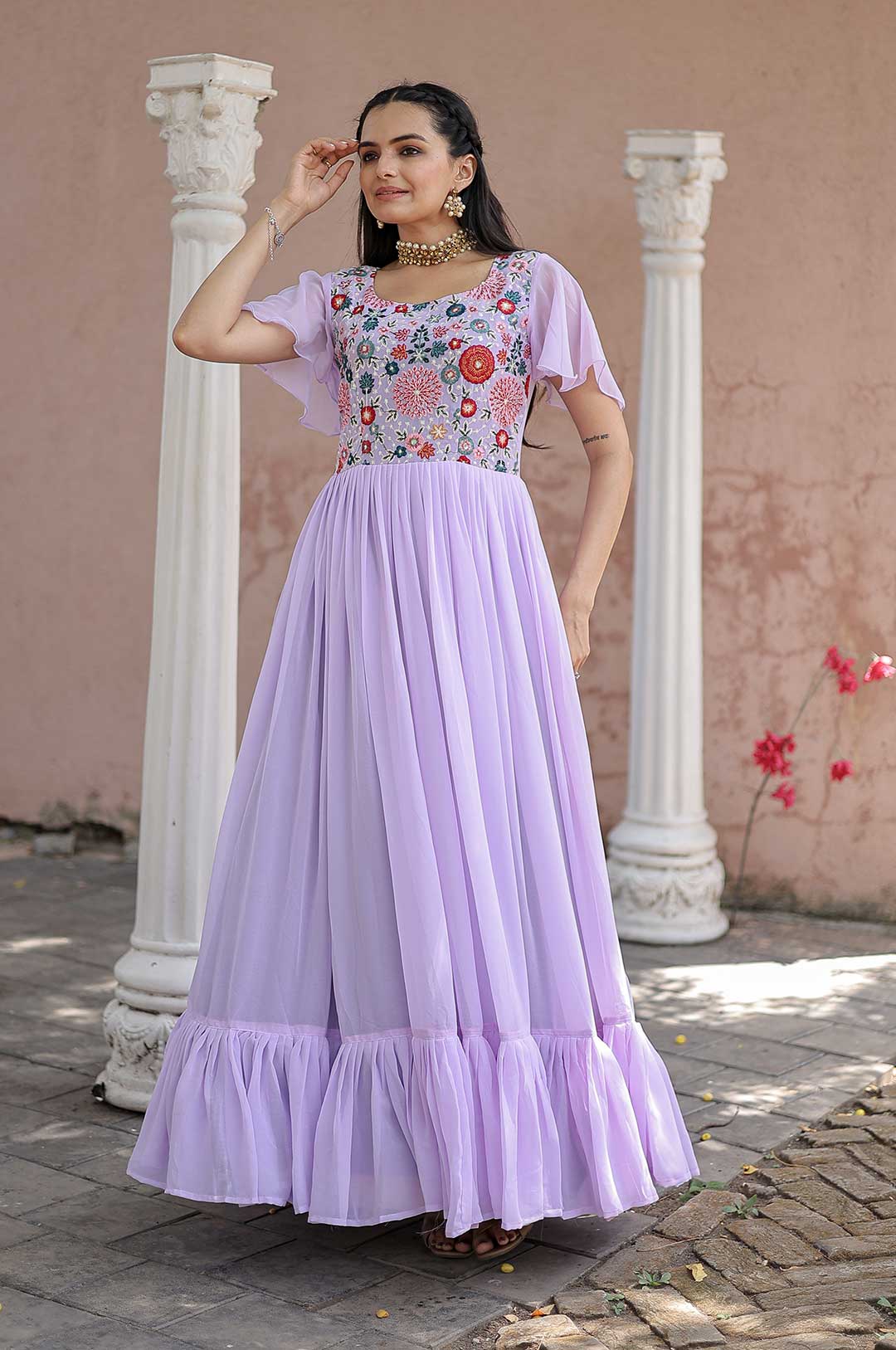 Purple Star Georgette Gown with Heavy Beaded & Sequin Work and Ruffled Hem