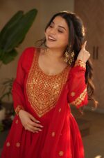 Radiant-Red-Faux-Blooming-Gown-with-Dupatta-–-Royal-Elegance-in-Every-Detail