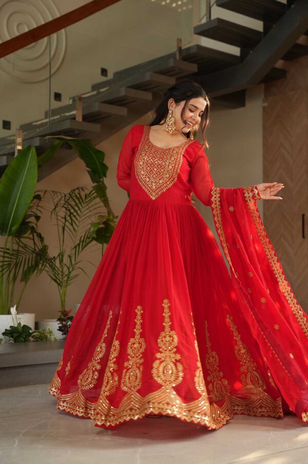 Radiant Red Faux Blooming Gown with Dupatta – Royal Elegance in Every Detail