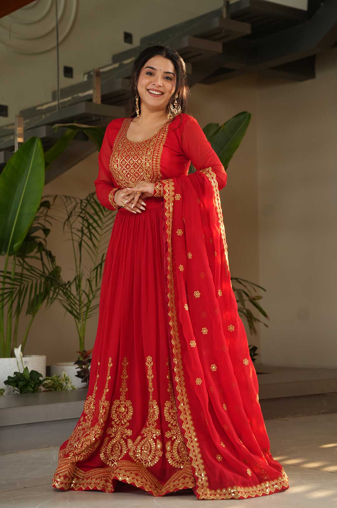 Radiant Red Faux Blooming Gown with Dupatta – Royal Elegance in Every Detail