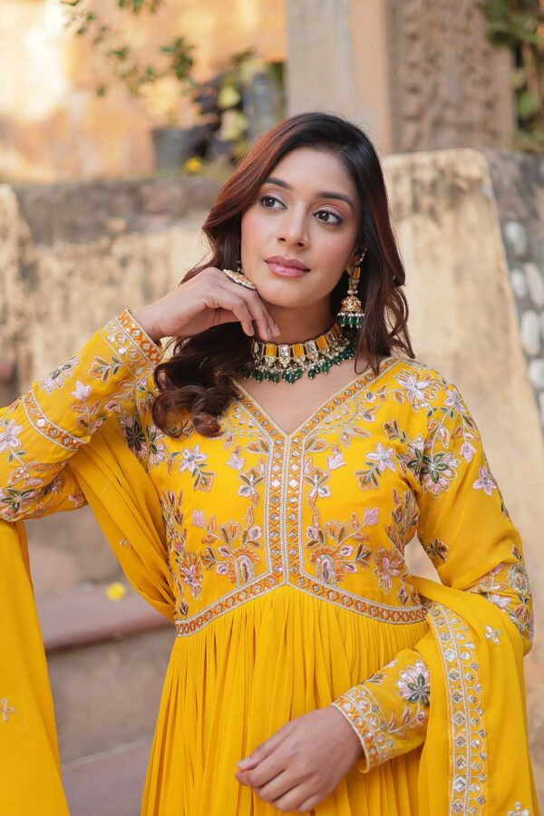 Radiant Yellow Zari Embroidered Gown with Designer Dupatta