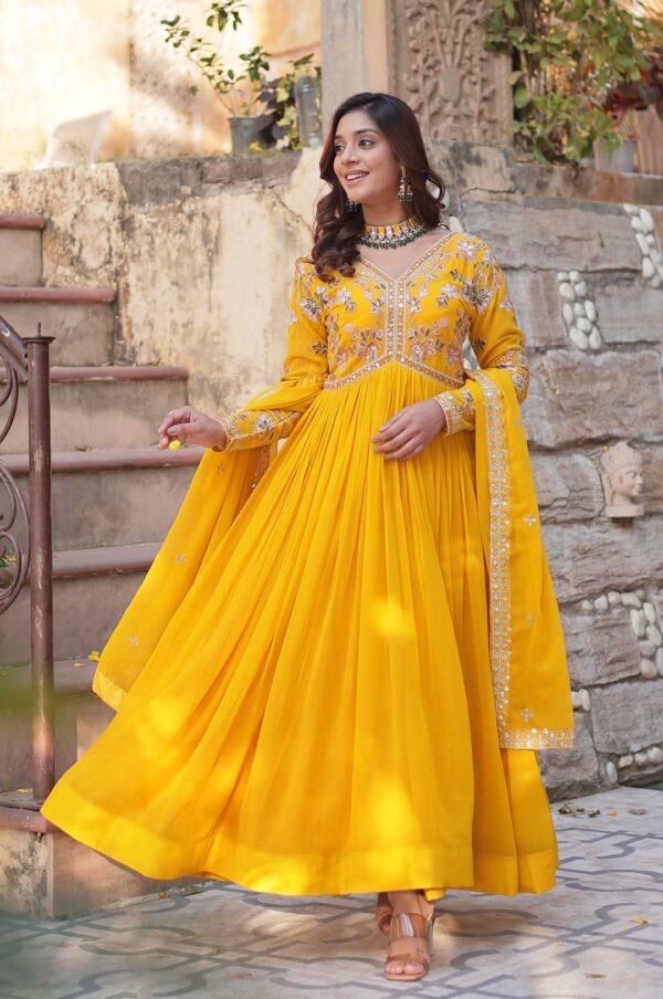 Radiant Yellow Zari Embroidered Gown with Designer Dupatta