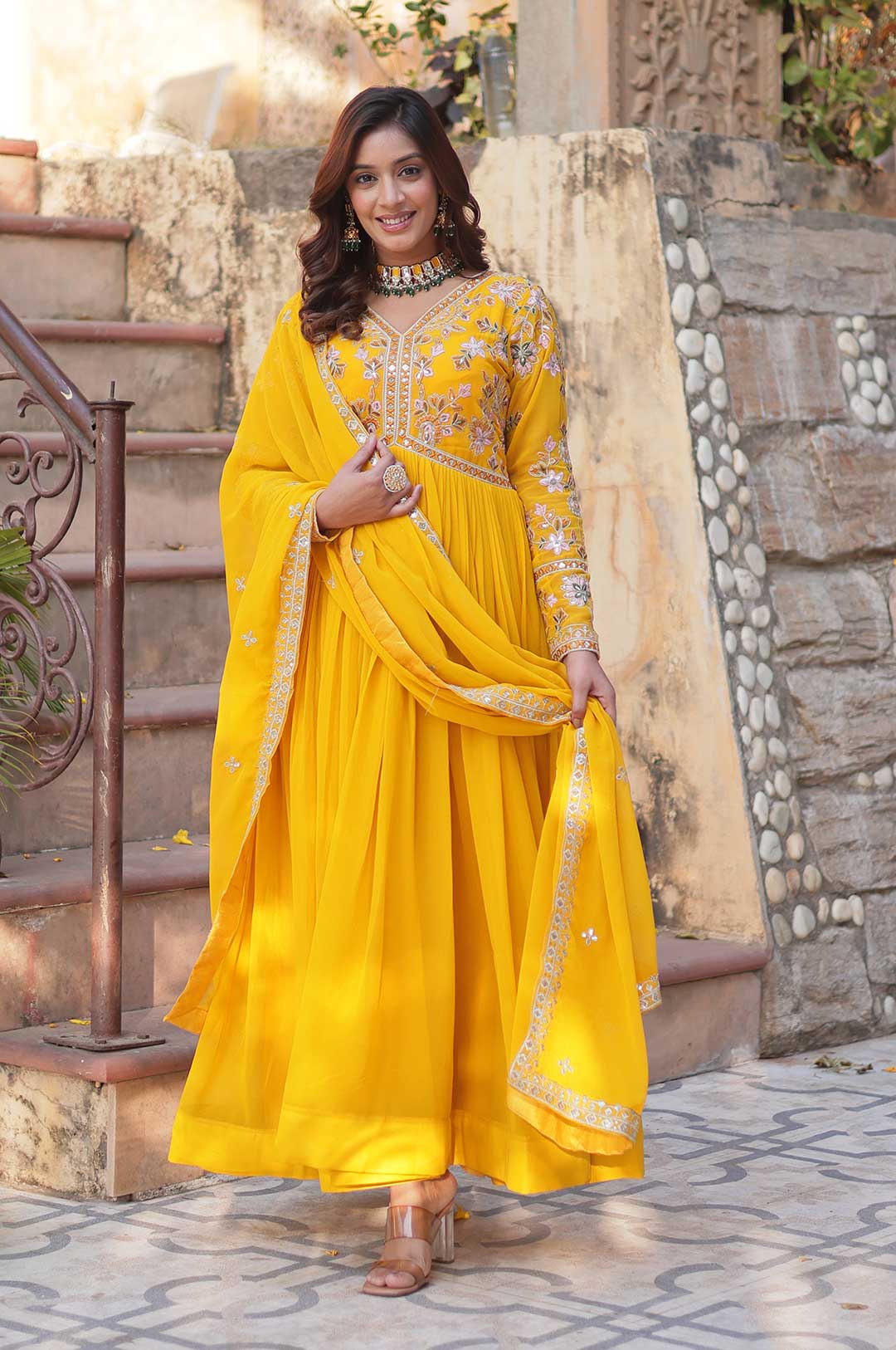 Radiant Yellow Zari Embroidered Gown with Designer Dupatta