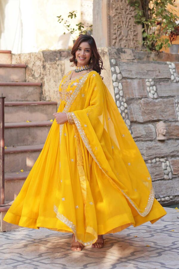 Radiant Yellow Zari Embroidered Gown with Designer Dupatta