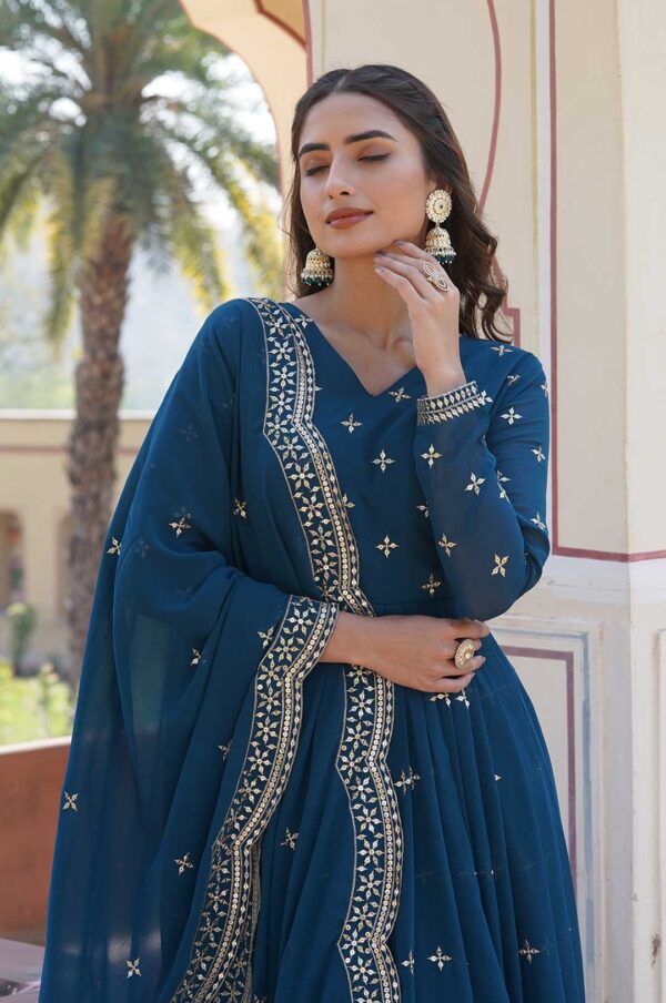 Rama Blue Georgette Gown with Gold Embroidery & Sequence Work and Dupatta
