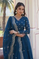 Rama-Blue-Georgette-Gown-with-Gold-Embroidery-&amp;-Sequence-Work-and-Dupatta-2