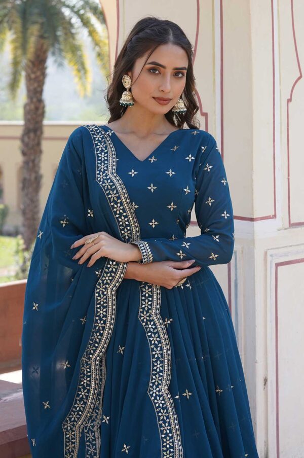 Rama Blue Georgette Gown with Gold Embroidery & Sequence Work and Dupatta