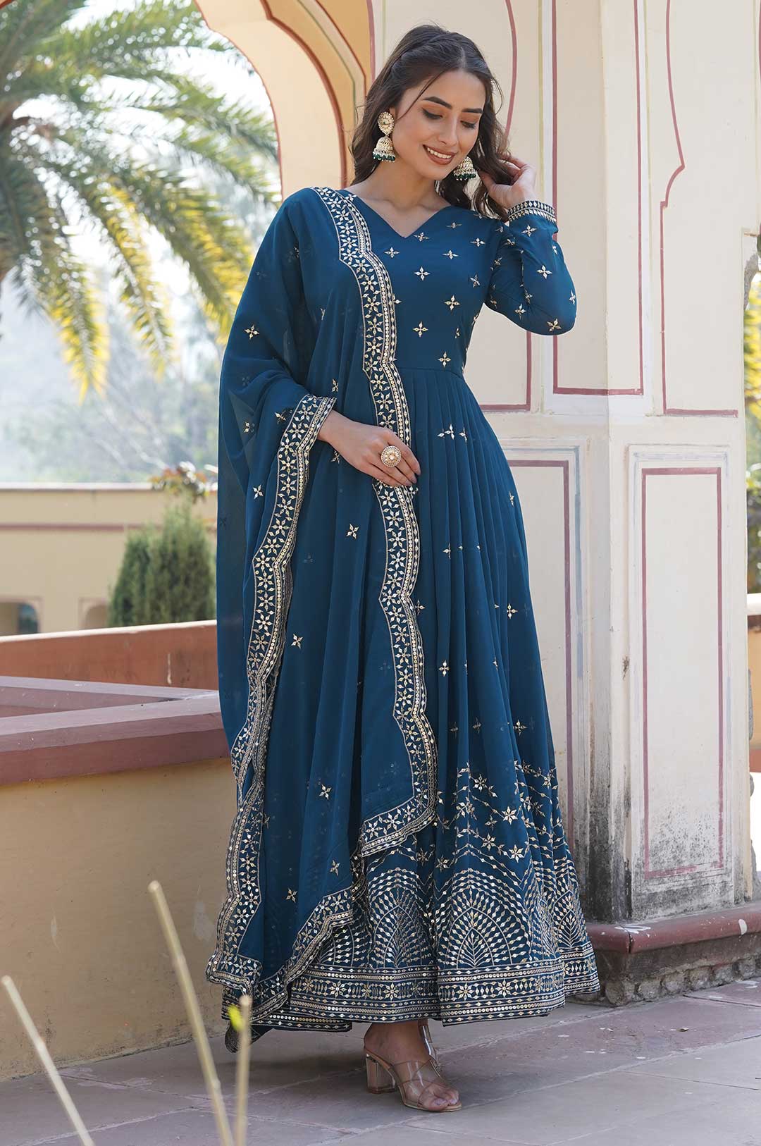 Rama Blue Georgette Gown with Gold Embroidery & Sequence Work and Dupatta