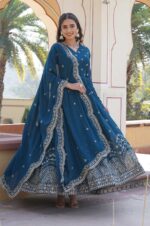 Rama-Blue-Georgette-Gown-with-Gold-Embroidery-&amp;-Sequence-Work-and-Dupatta-4