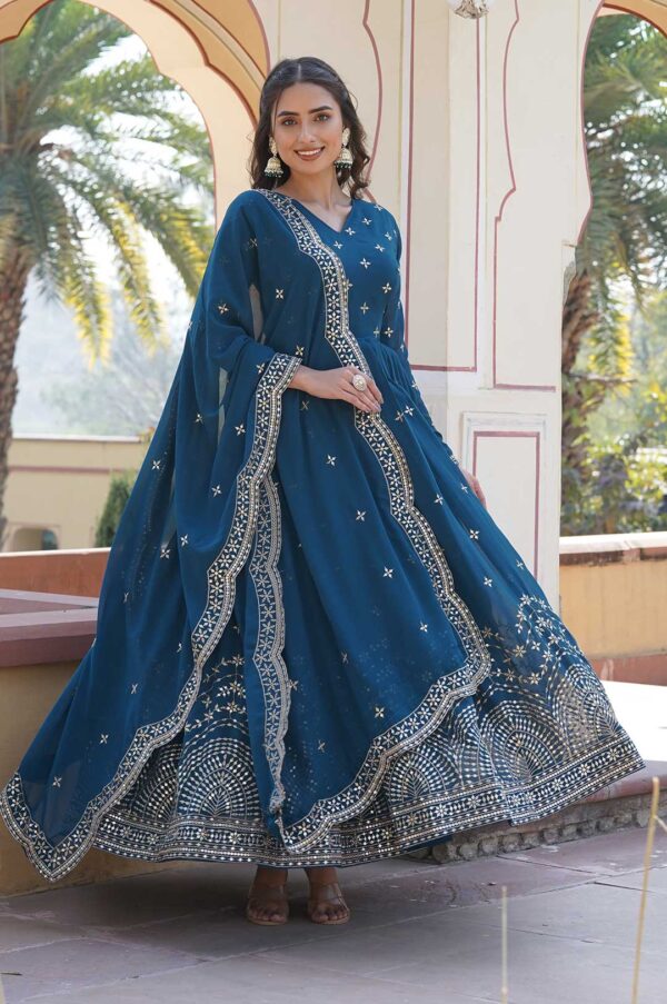 Rama Blue Georgette Gown with Gold Embroidery & Sequence Work and Dupatta