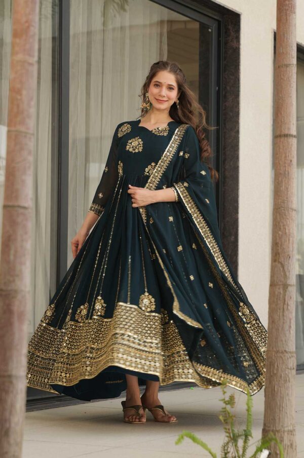 Rama Faux Blooming Embroidered Gown with Zari & Sequin Work + Dupatta