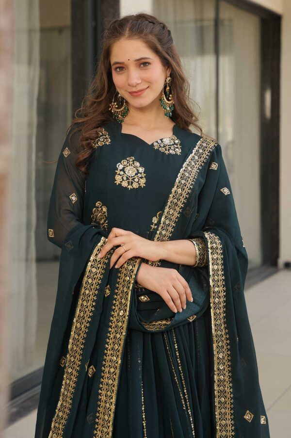 Rama Faux Blooming Embroidered Gown with Zari & Sequin Work + Dupatta