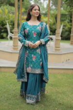 Rama-Green-Chinnon-Printed-Kurti-Plazzo-Set-with-Embroidered-Dupatta-2