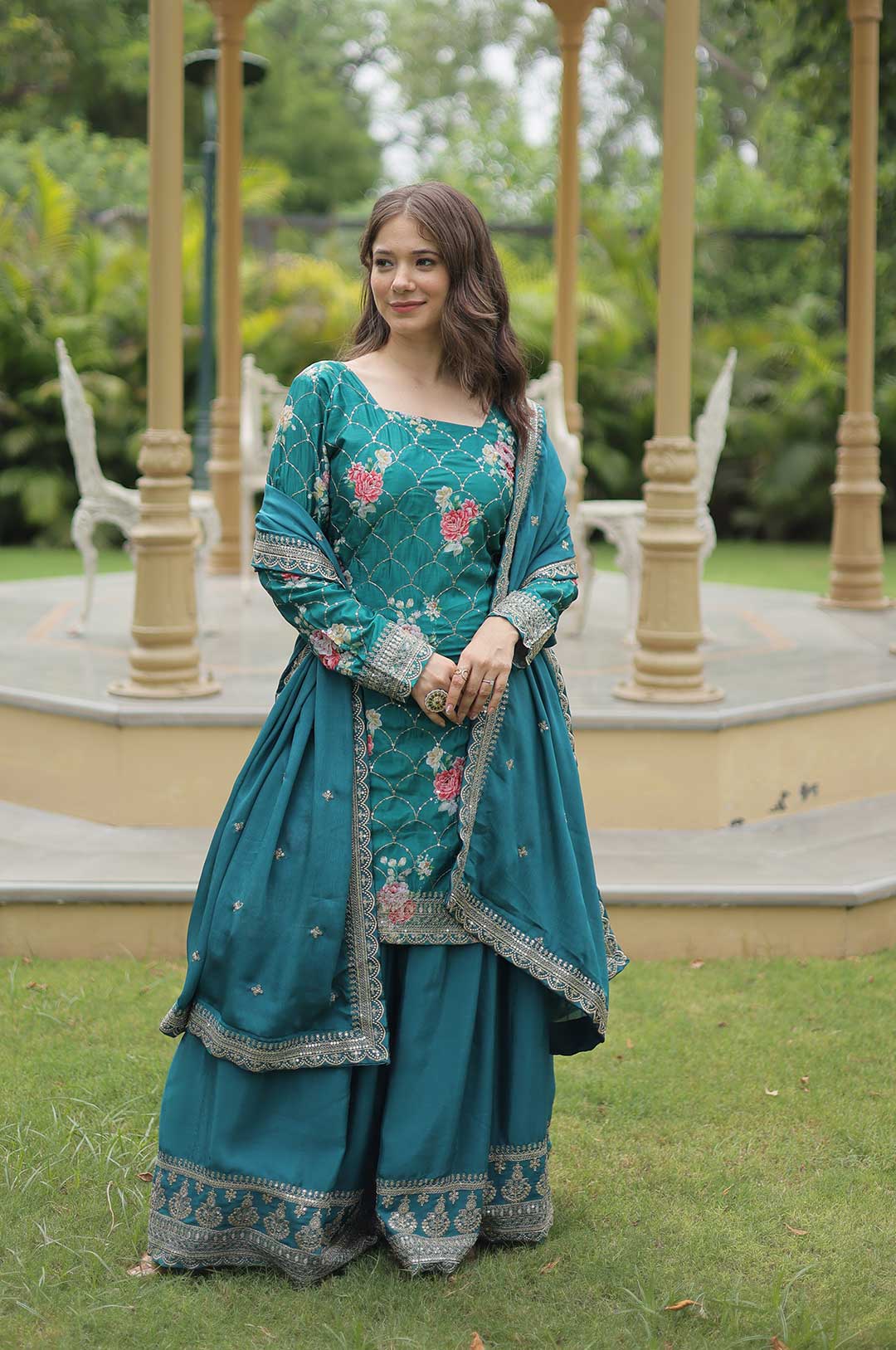 Rama Green Chinnon Printed Kurti Plazzo Set with Embroidered Dupatta