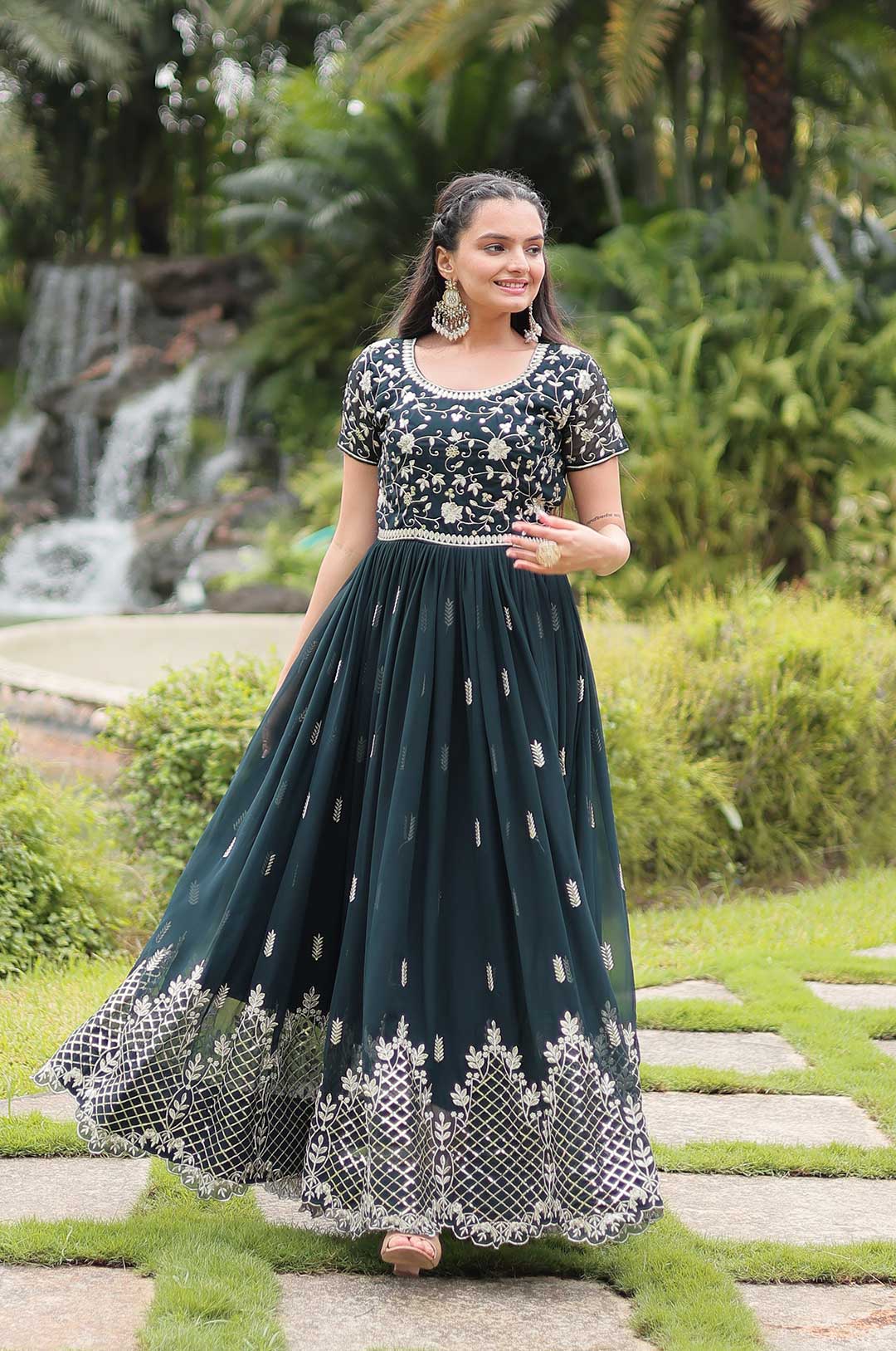 Rama Green Georgette Gown with Heavy Silver Embroidery & Sequin Work