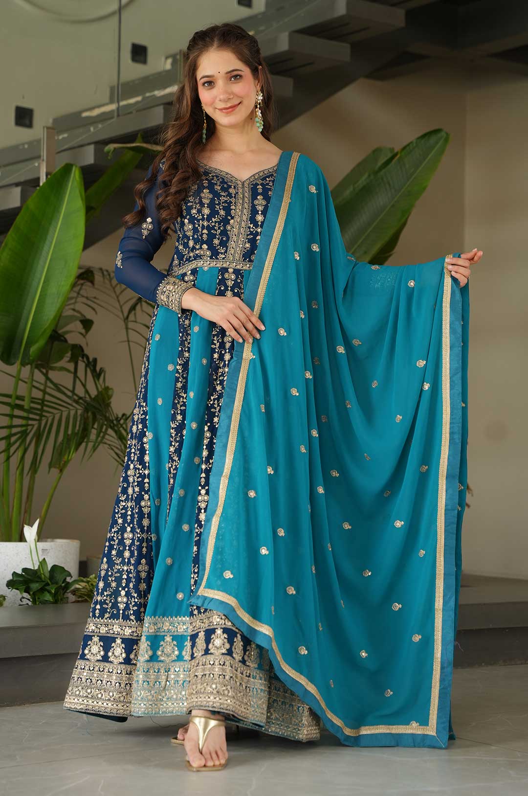 Rama Zari Embroidered Faux Blooming Gown with Dupatta