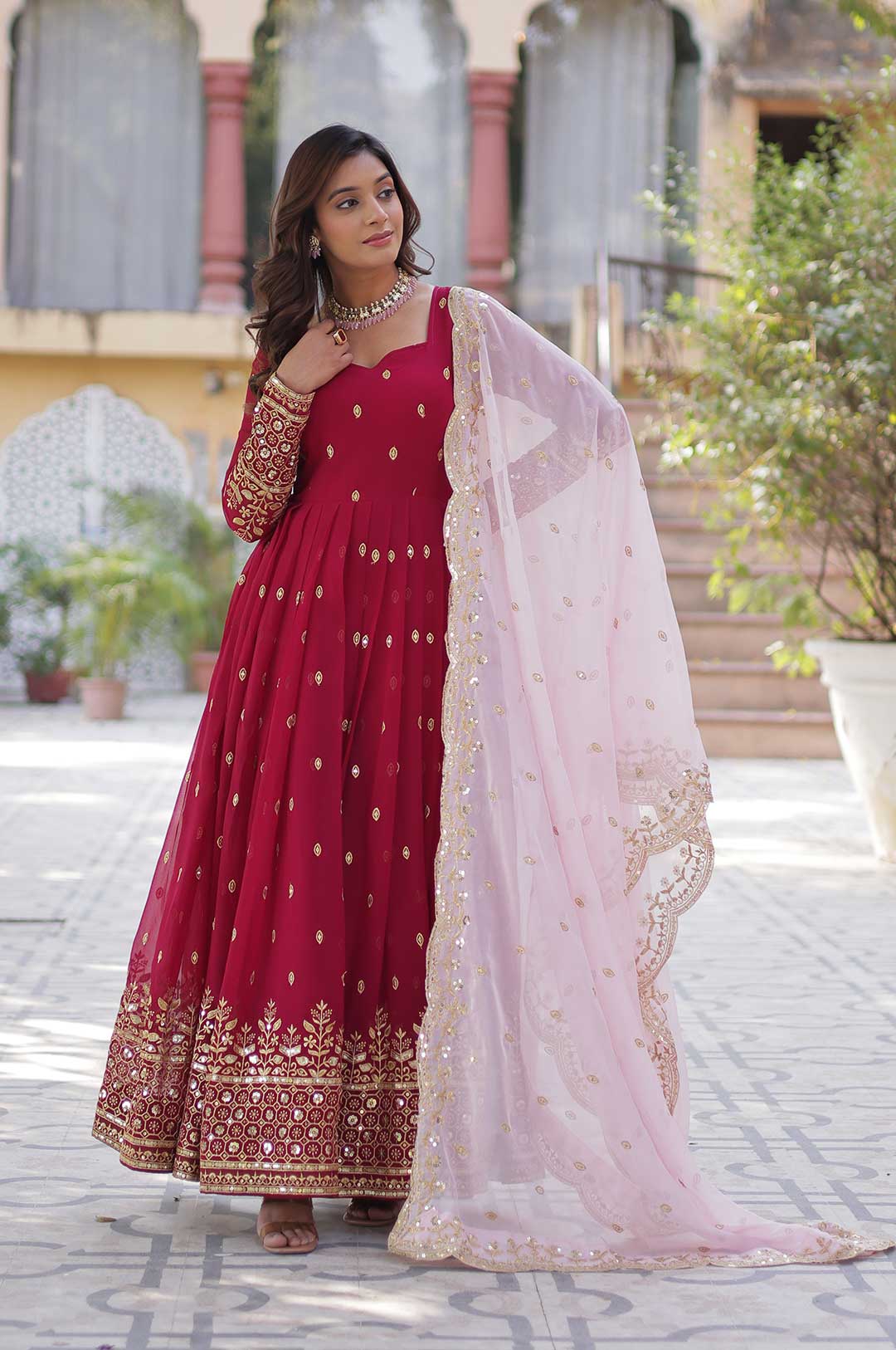Rani Pink Embroidered Anarkali Gown with Foil Work and Scallop Dupatta