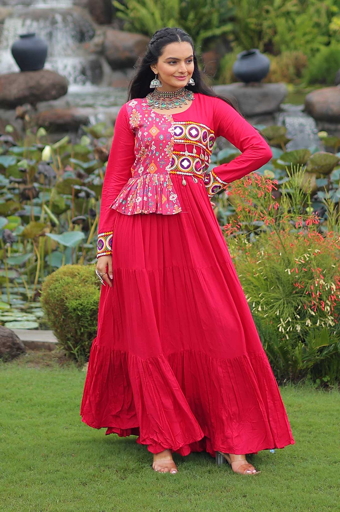 Rani Pink Kutchi Gamthi Embroidered Reyon Gown