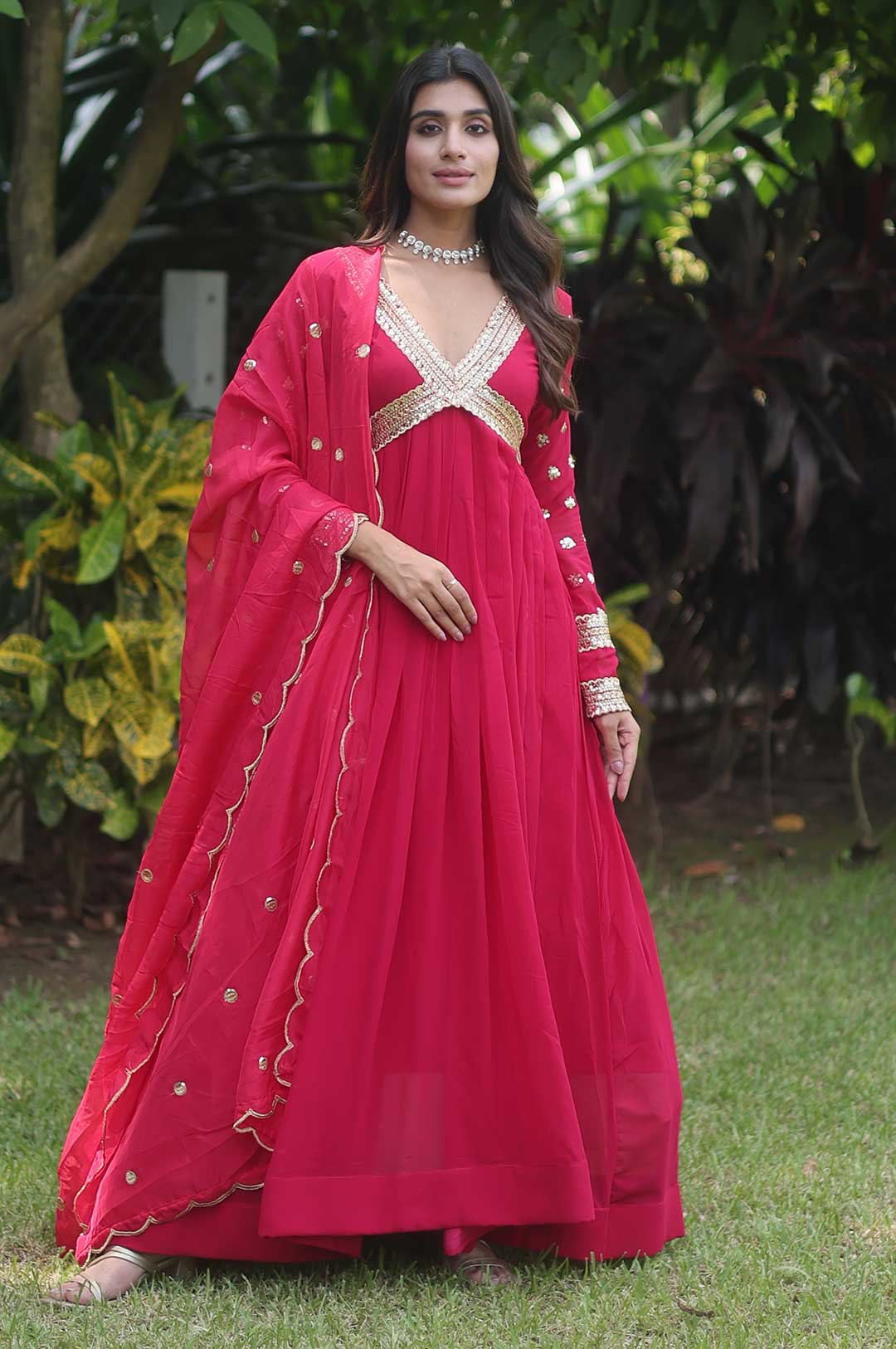 Ravishing Rani Faux Blooming Gown with Elegant Embroidered Dupatta