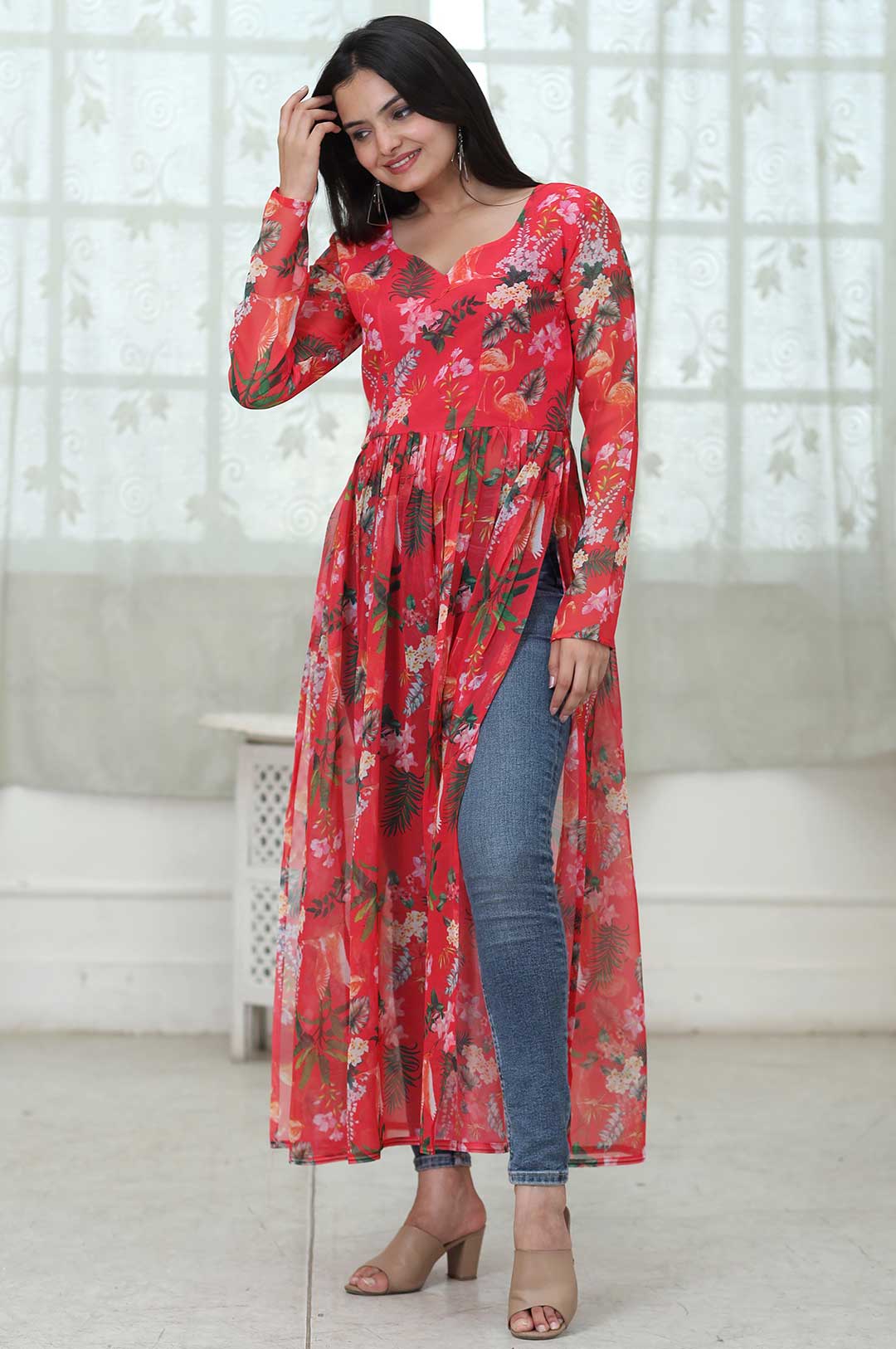 Red Bloom Radiance – Fox Georgette Digital Floral Kurti