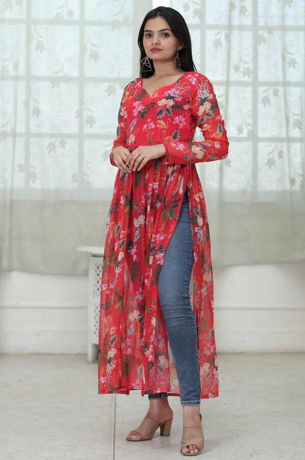 Red Bloom Radiance – Fox Georgette Digital Floral Kurti