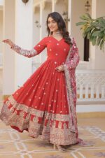 Red-Georgette-Gown-with-Mirror-Work-&amp;-Zari-Embroidery-and-Printed-Dupatta-2