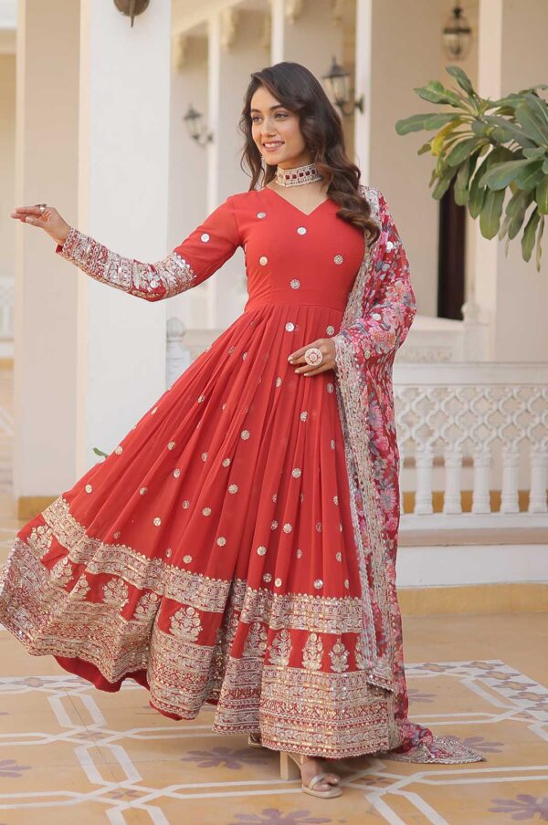 Orange Georgette Gown with Mirror Work & Zari Embroidery and Printed Dupatta