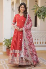 Red-Georgette-Gown-with-Mirror-Work-&amp;-Zari-Embroidery-and-Printed-Dupatta-3