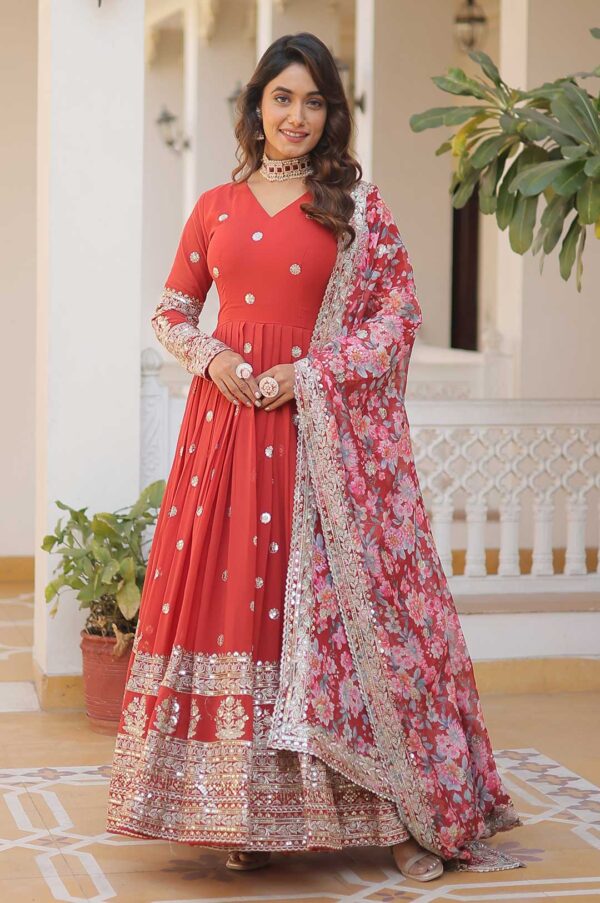 Orange Georgette Gown with Mirror Work & Zari Embroidery and Printed Dupatta