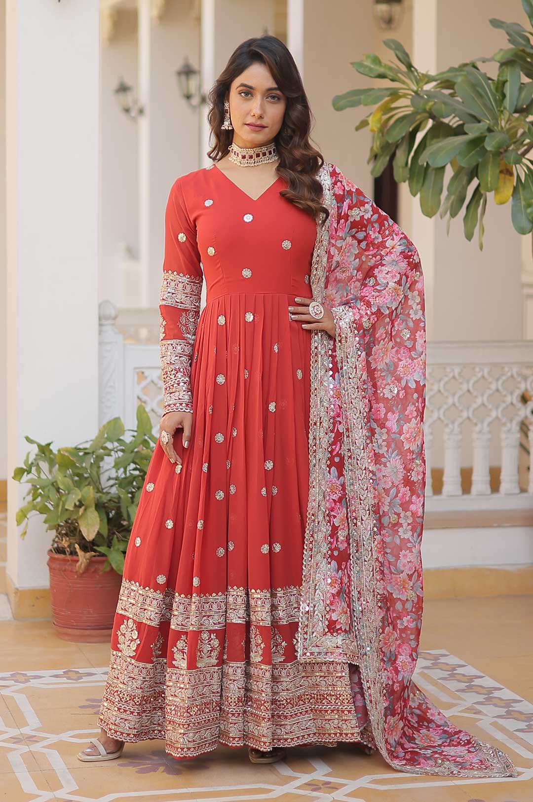Orange Georgette Gown with Mirror Work & Zari Embroidery and Printed Dupatta