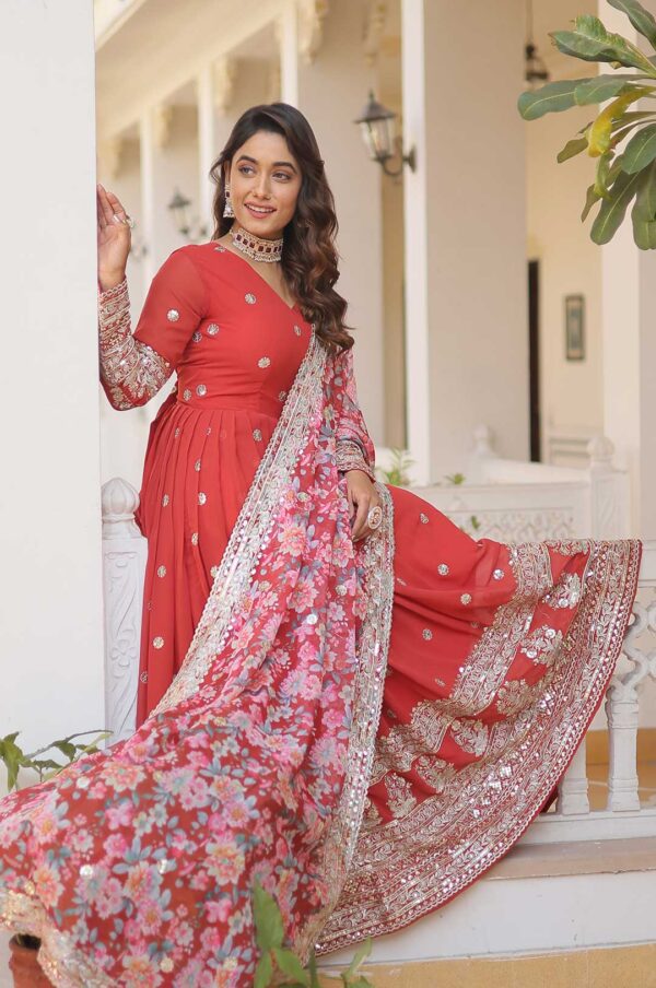 Orange Georgette Gown with Mirror Work & Zari Embroidery and Printed Dupatta