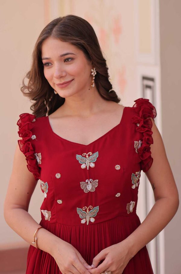 Maroon Radiant Faux Blooming Gown with Sequins & Multi-Thread Embroidery