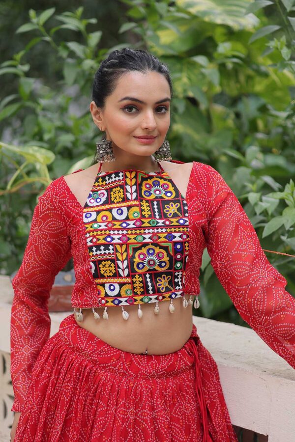 Red Traditional Bandhej Lehenga Choli Set with Gotta Patti & Gamthi Embroidery