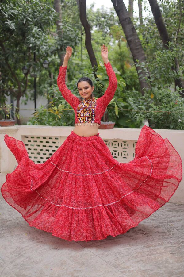 Red Traditional Bandhej Lehenga Choli Set with Gotta Patti & Gamthi Embroidery