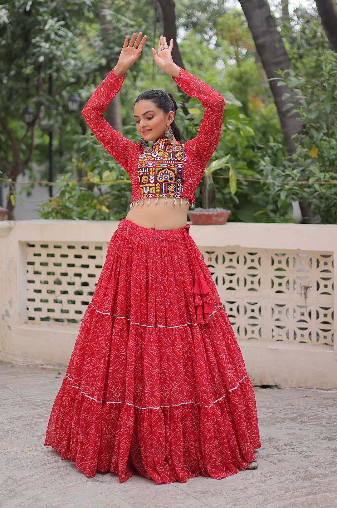 Red Traditional Bandhej Lehenga Choli Set with Gotta Patti & Gamthi Embroidery