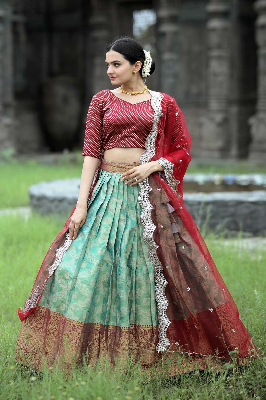 Regal Heritage – Kanjivaram Pattu Silk Lehenga with Net Dupatta