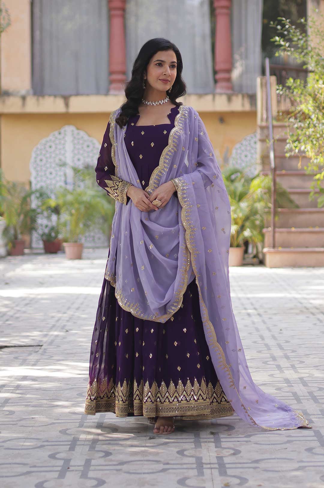 Regal Purple Embroidered Gown with Designer Lavender Dupatta