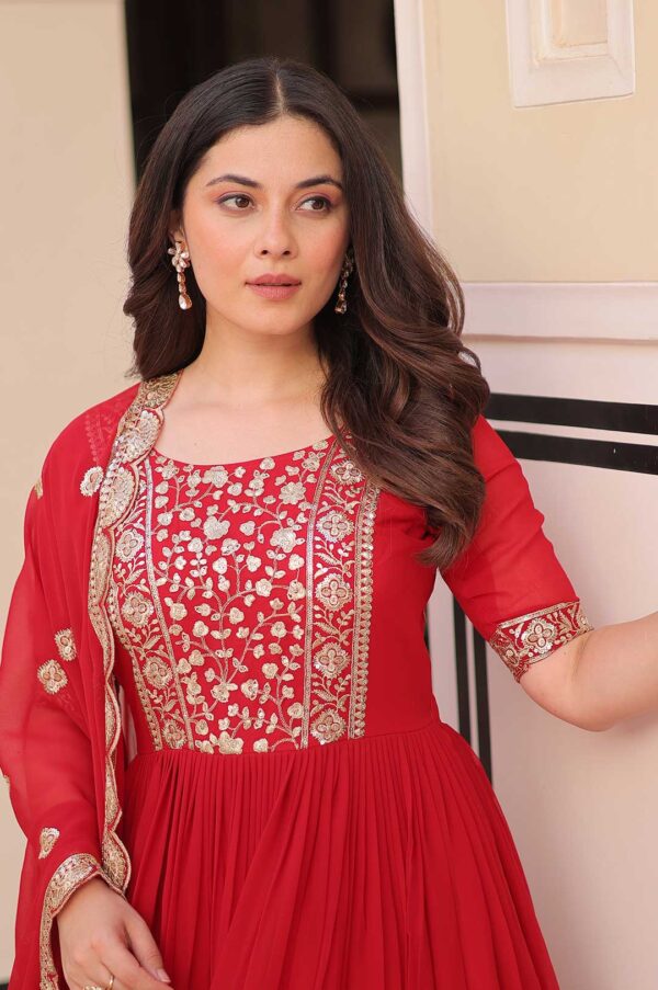 Regal Red Embroidered Zari Gown Set with Designer Dupatta