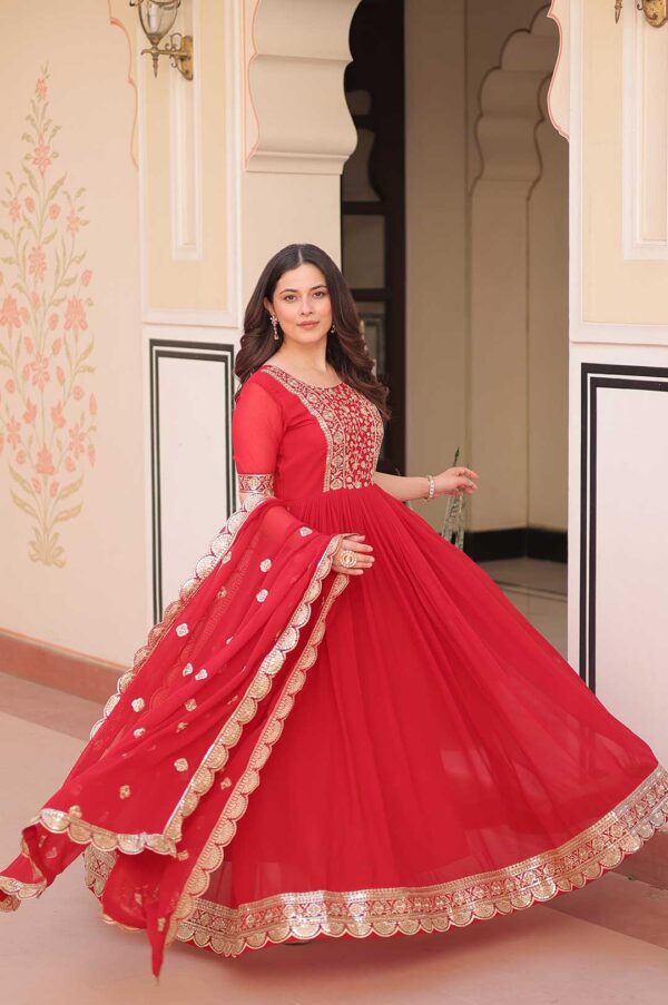 Regal Red Embroidered Zari Gown Set with Designer Dupatta