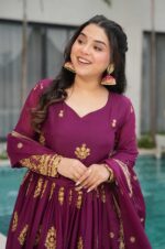 Regal-Wine-Embroidered-Gown-with-Dupatta-–-Pure-Ethnic-Elegance