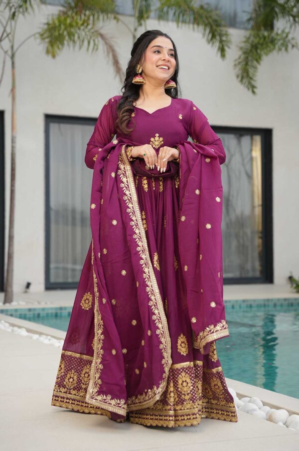 Regal Wine Embroidered Gown with Dupatta – Pure Ethnic Elegance